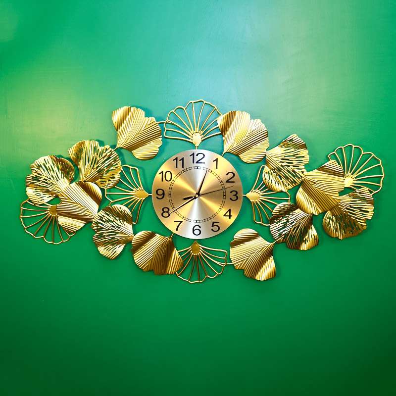 Large Golden Wall Clock with Ginkgo leaves